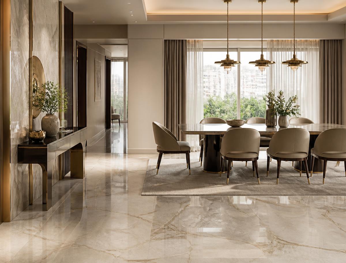 Dining hall with polished Italian marble flooring and brass pendant lights