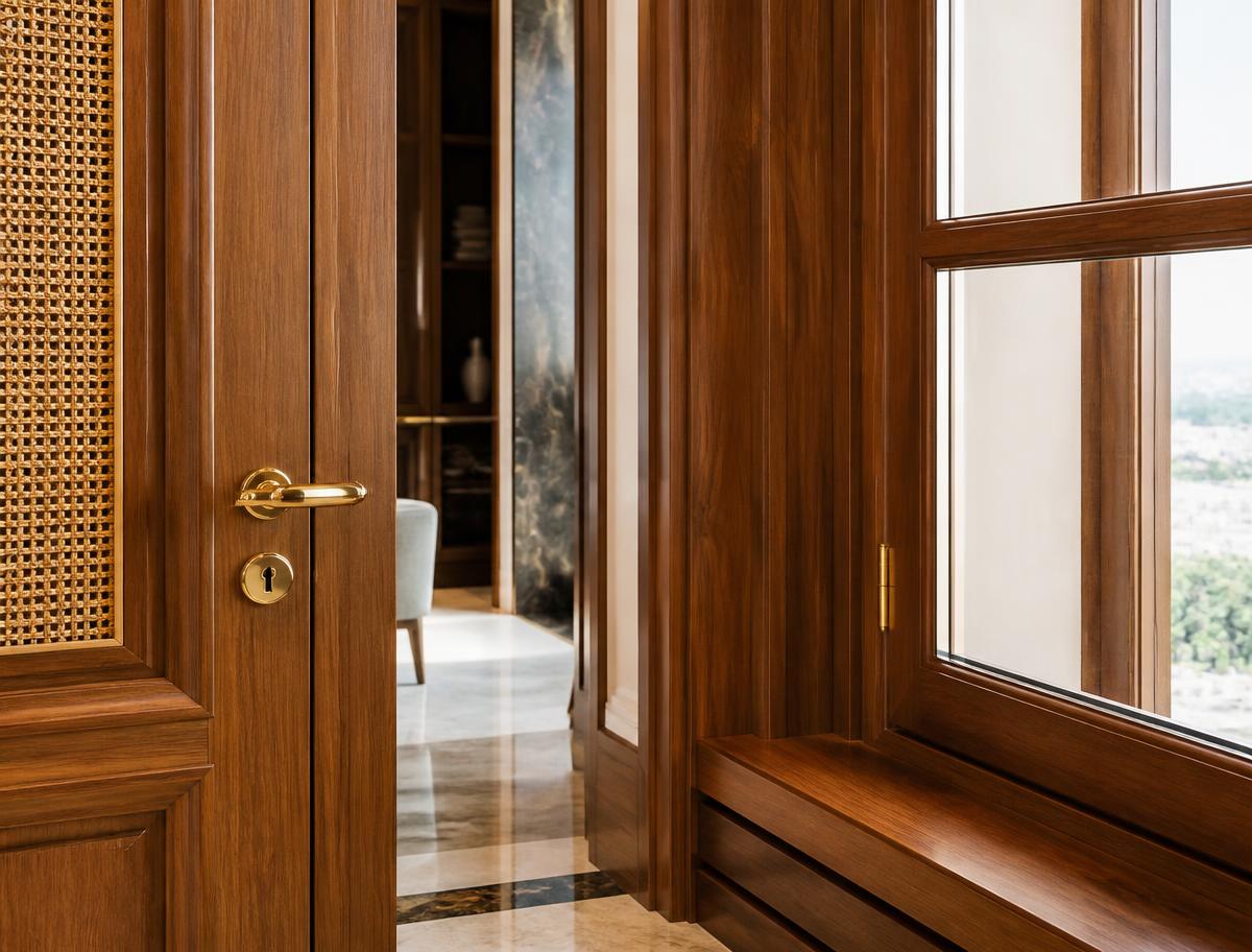 Teak wood door and window finishings with brass hardware
